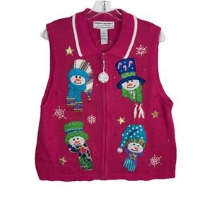 Vintage Heirloom Collectibles Snowman Knit Pink Sweater Vest Full Zip Size Large